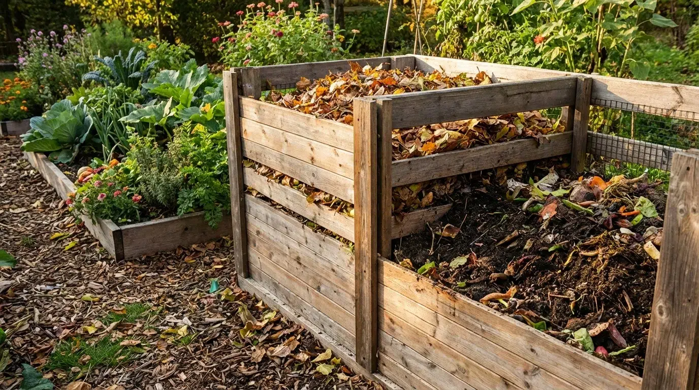 Compost bin with kitchen and garden waste next to a healthy sustainable garden bed outdoors.