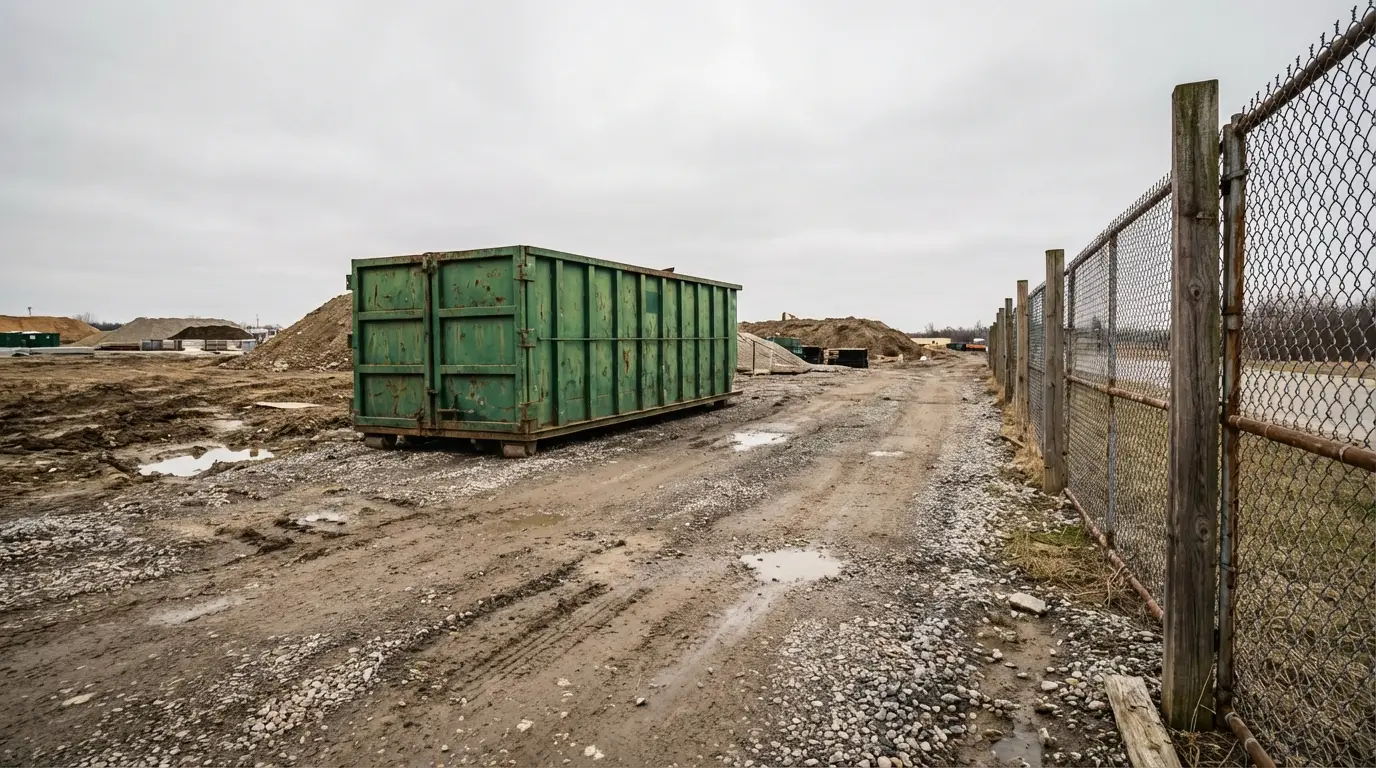 Large green dumpster on muddy construction site with chain-link fence and overcast sky