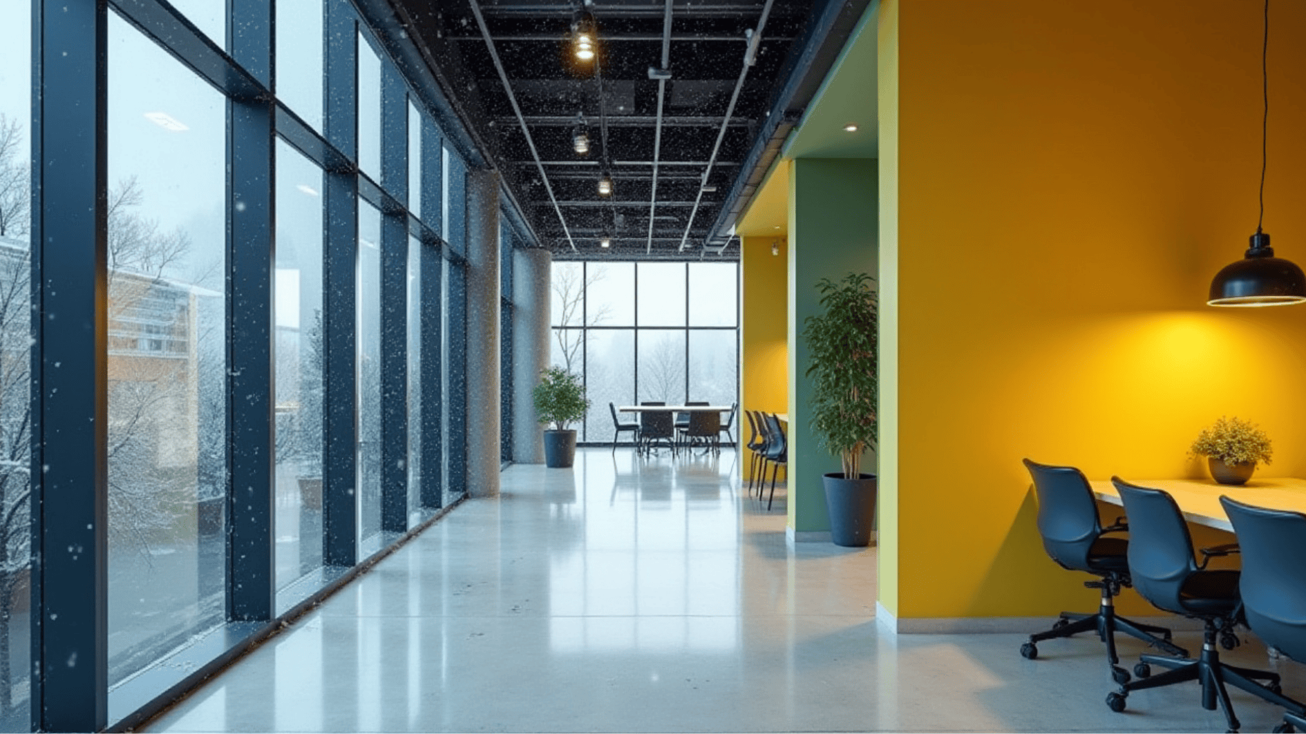 contemporary office corridor with colorful meeting space, large glass windows, hanging lights, and snowy outdoor view