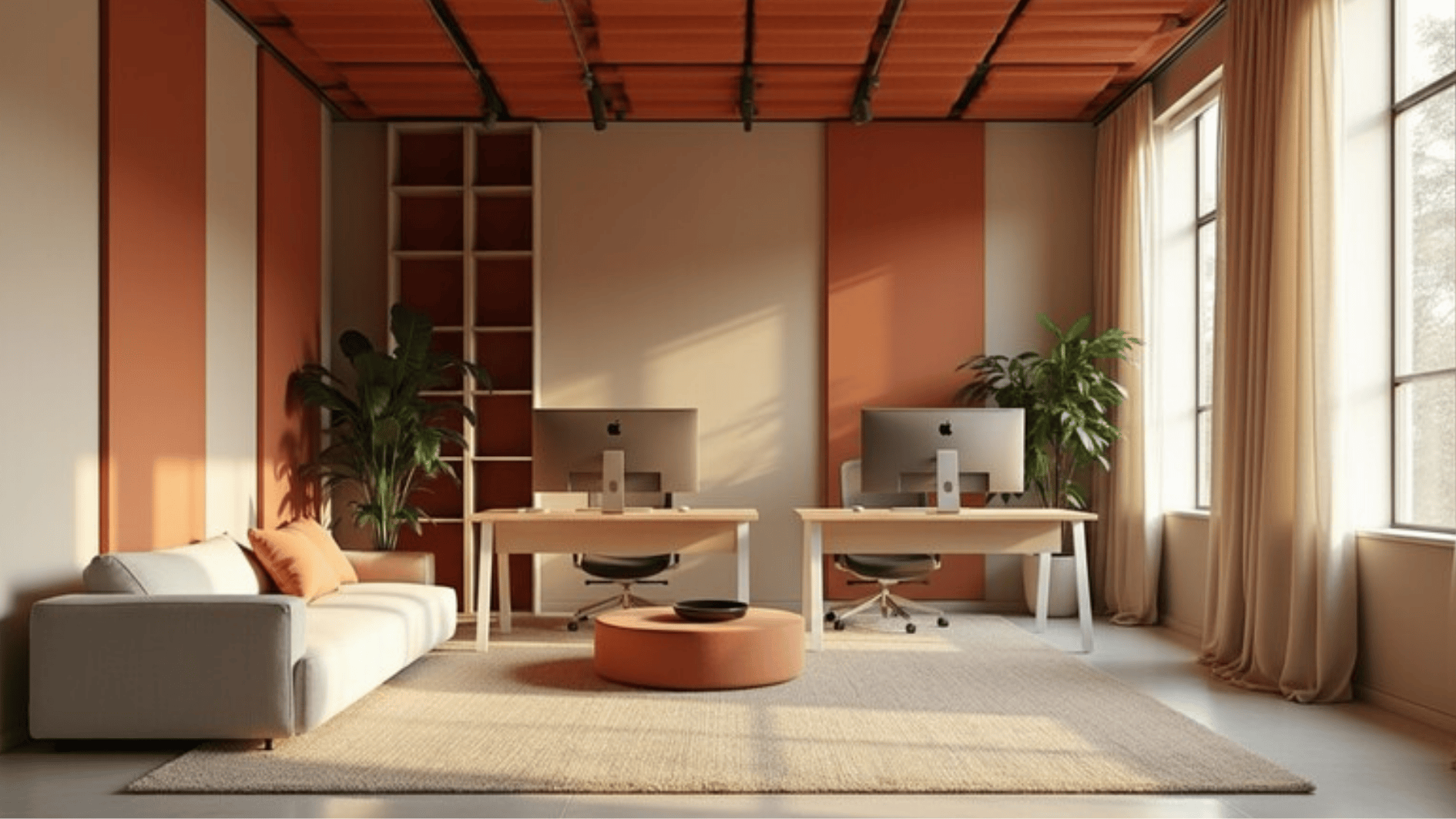 contemporary office workspace with desks, computers, lounge seating, plants, and large windows for natural light
