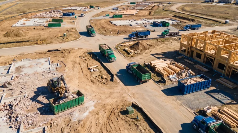 Construction site with multiple trucks, excavator, and partially built wooden structures under clear sky