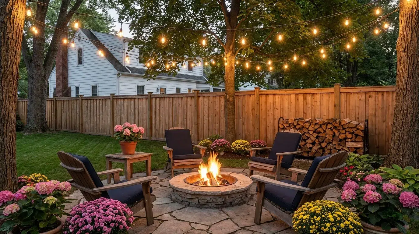 Cozy backyard fire pit seating area at dusk with string lights and wooden privacy fence