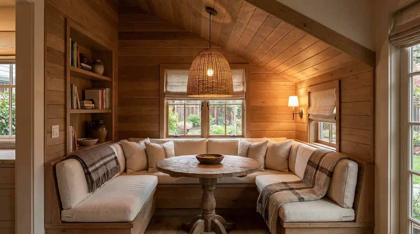 Cozy dining nook under a sloped ceiling with built-in bench seating and warm wood finish