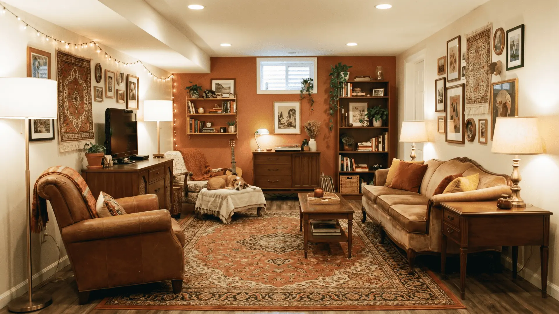 Cozy eclectic basement with mixed furniture, warm lighting, and personal decor items
