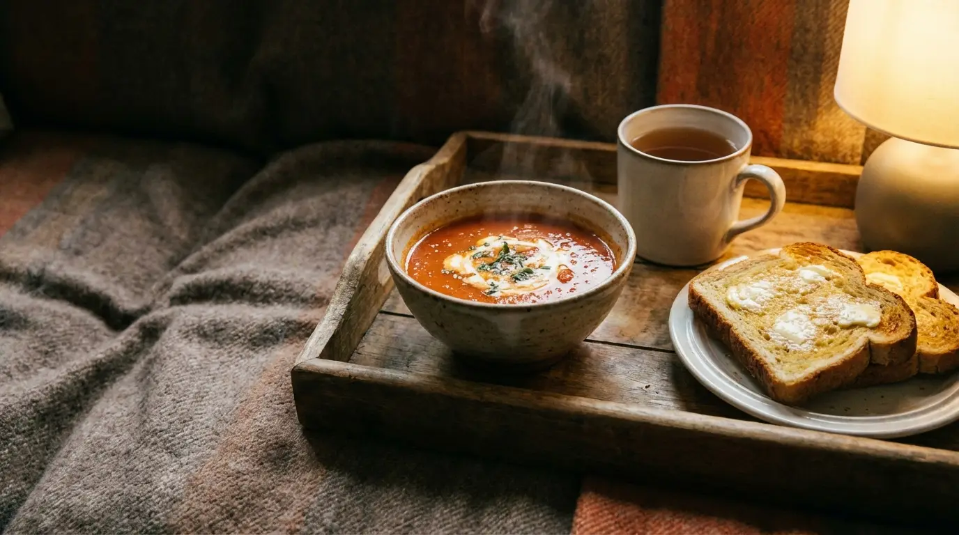 Bowl of tomato soup with herbs and buttered toast on wooden tray indoors