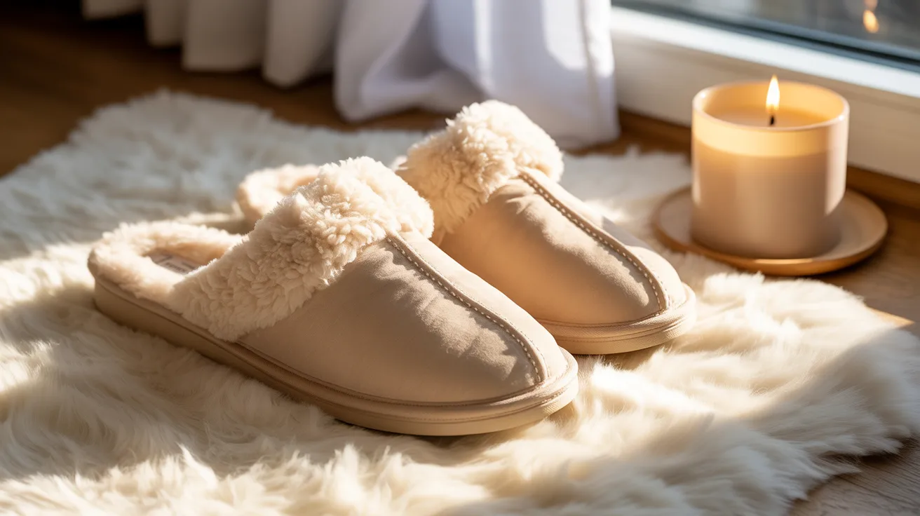 Cozy slippers on a soft rug beside a warm cup of tea and a candle