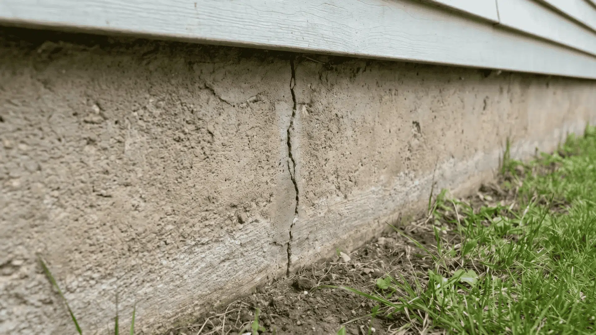 Crack visible on concrete foundation wall near ground