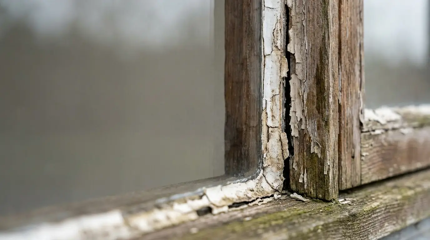 Decaying wooden window frame with peeling paint in close-up view