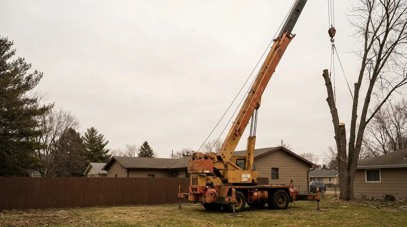Yellow crane removing tree in suburban backyard with overcast sky