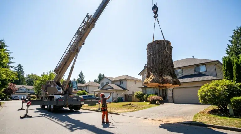 Crane lifting large tree stump in residential neighborhood on a sunny day