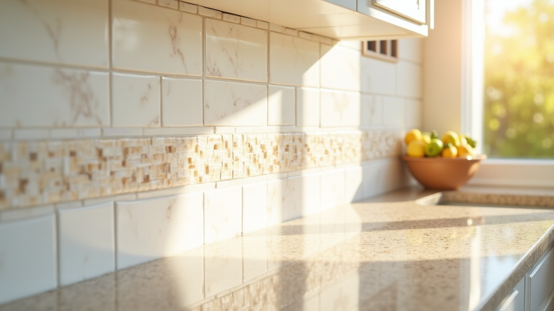 cream and beige marble mosaic backsplash with warm ivory veining in an elegant kitchen with white cabinets