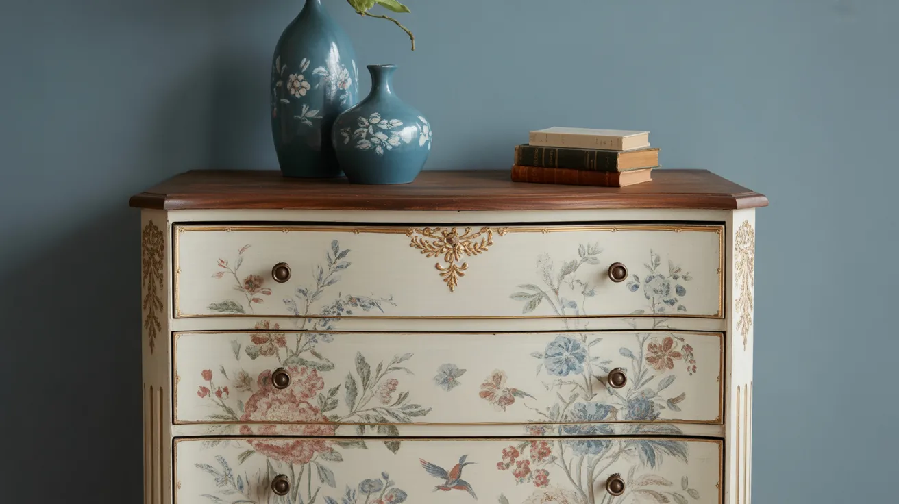 Cream chest of drawers with hand-painted floral and bird motifs, gold trim, and blue ceramic vases.