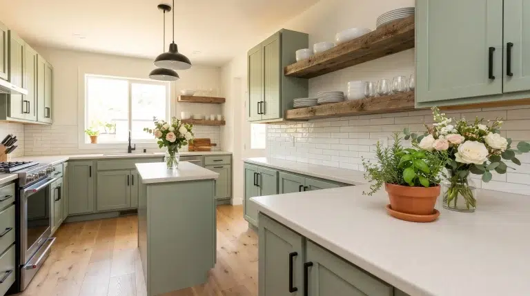 Bright kitchen with blue cabinets, marble countertops, open wood shelves, and a vase of yellow tulips