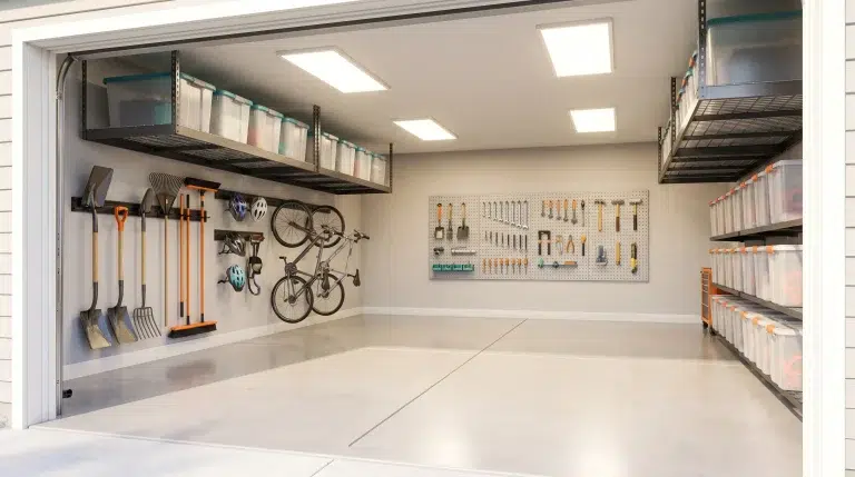 Organized garage with wall-mounted tools, bicycles, and storage bins under bright ceiling lights