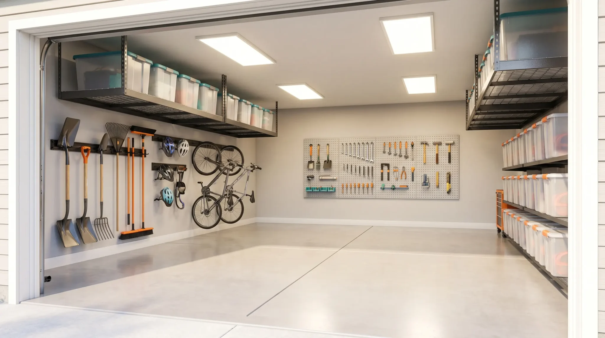 Organized garage with wall-mounted tools, bicycles, and storage bins under bright ceiling lights