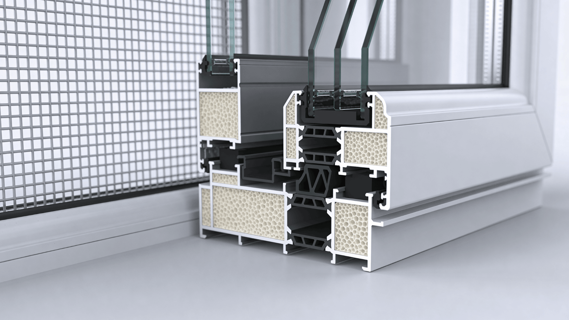 Cross section of a cellular PVC window frame showing internal foam like chamber structure