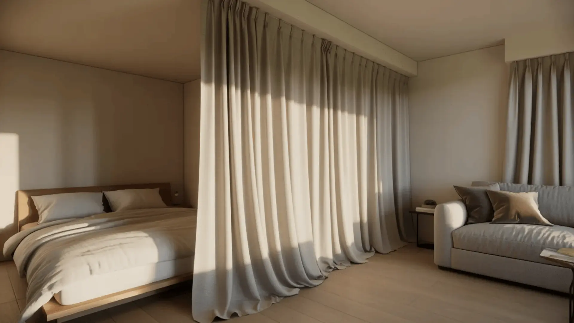 Curtain divider separating bed and sofa in a small shared room
