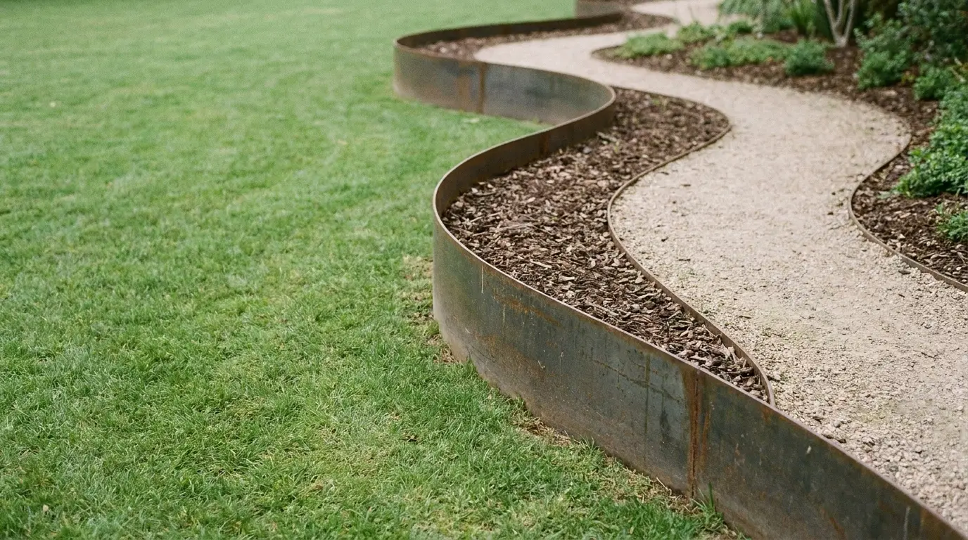 Curved gravel pathway with metal edging in a landscaped garden