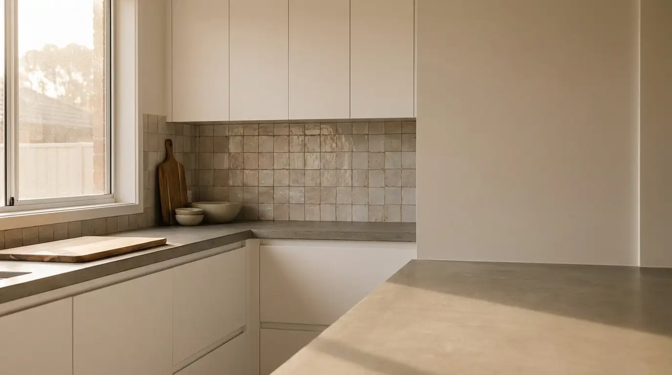 Modern kitchen with light gray countertops, tiled backsplash, wooden cutting board, and bowls in natural lighting