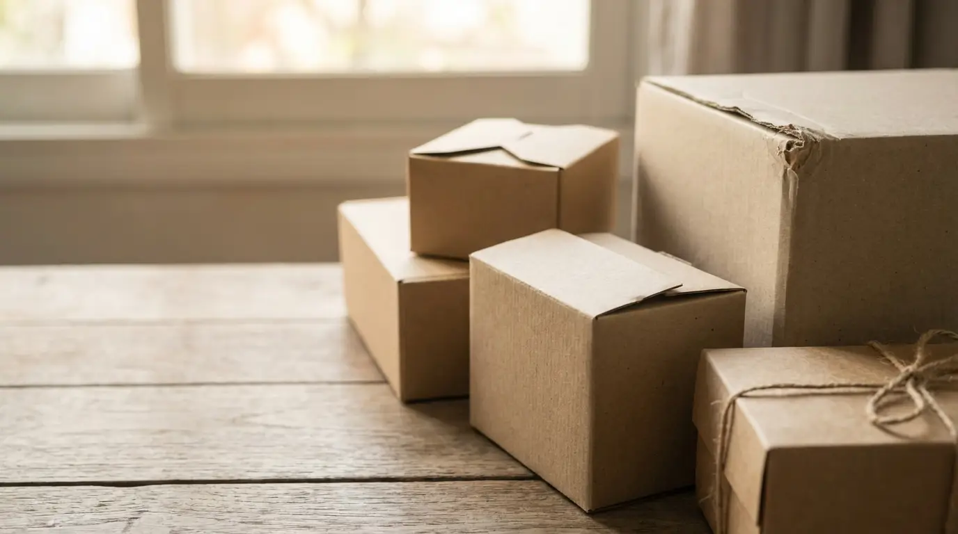 Cardboard boxes on wooden table near bright window in warm indoor setting