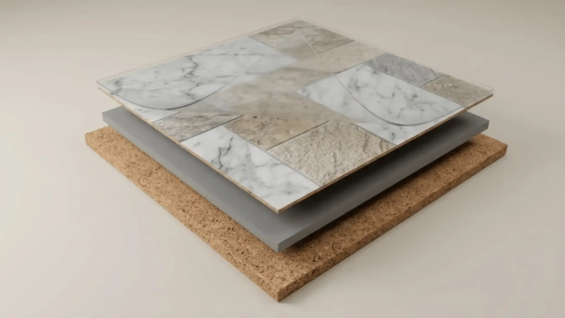 Cutaway of LVT flooring showing printed design layer with stone tile pattern.