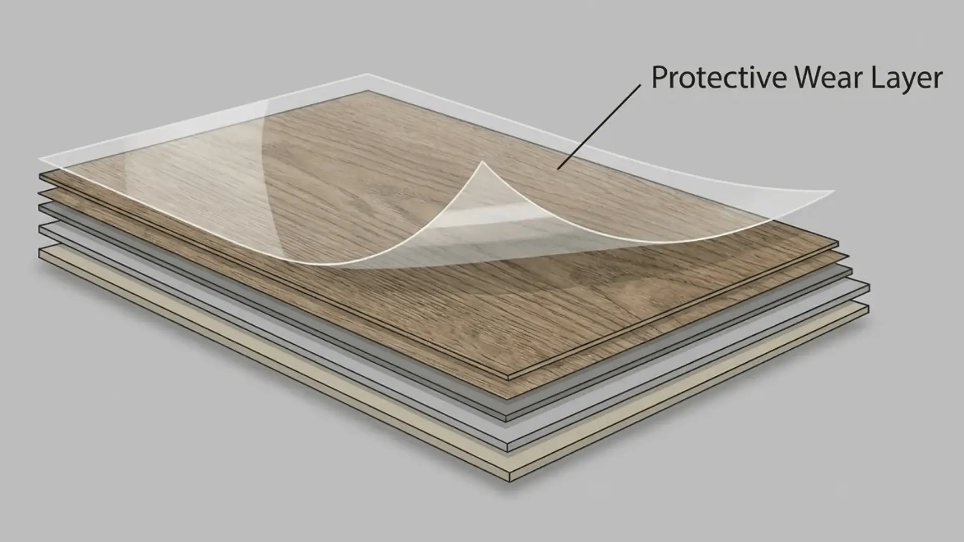 Cutaway view of a luxury vinyl tile plank showing the clear wear layer above the printed design layer.