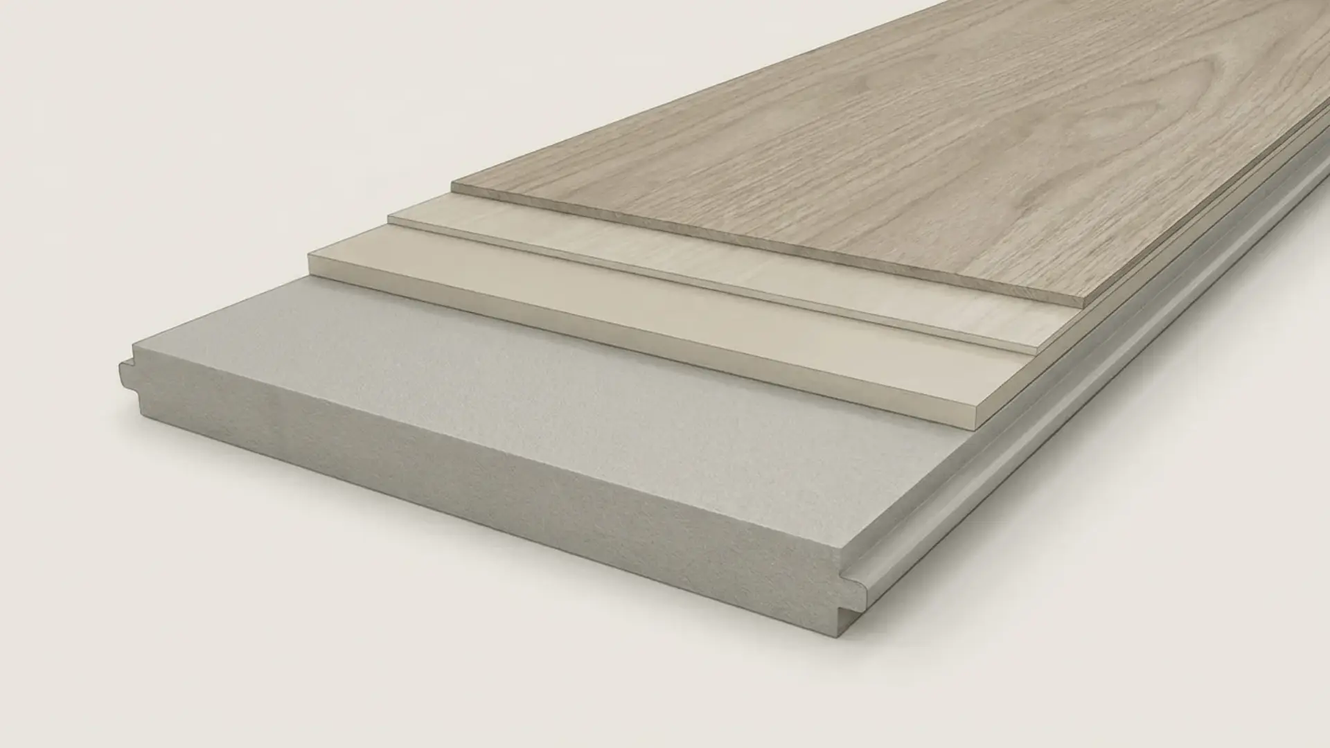 Cutaway view of luxury vinyl tile showing the bottom backing layer beneath the vinyl core layer.