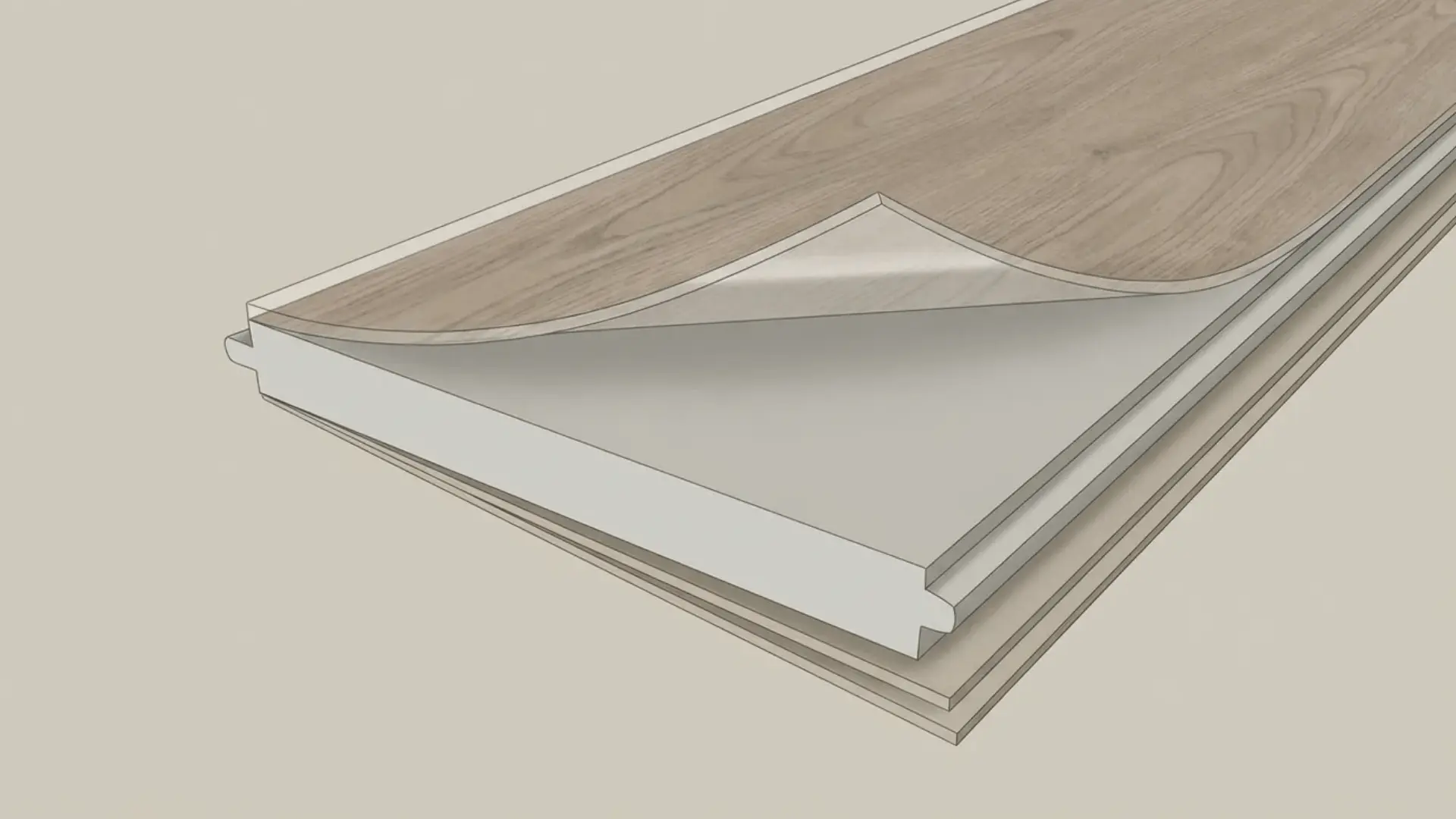 Cutaway view of luxury vinyl tile showing the thick vinyl core layer beneath the printed design layer.