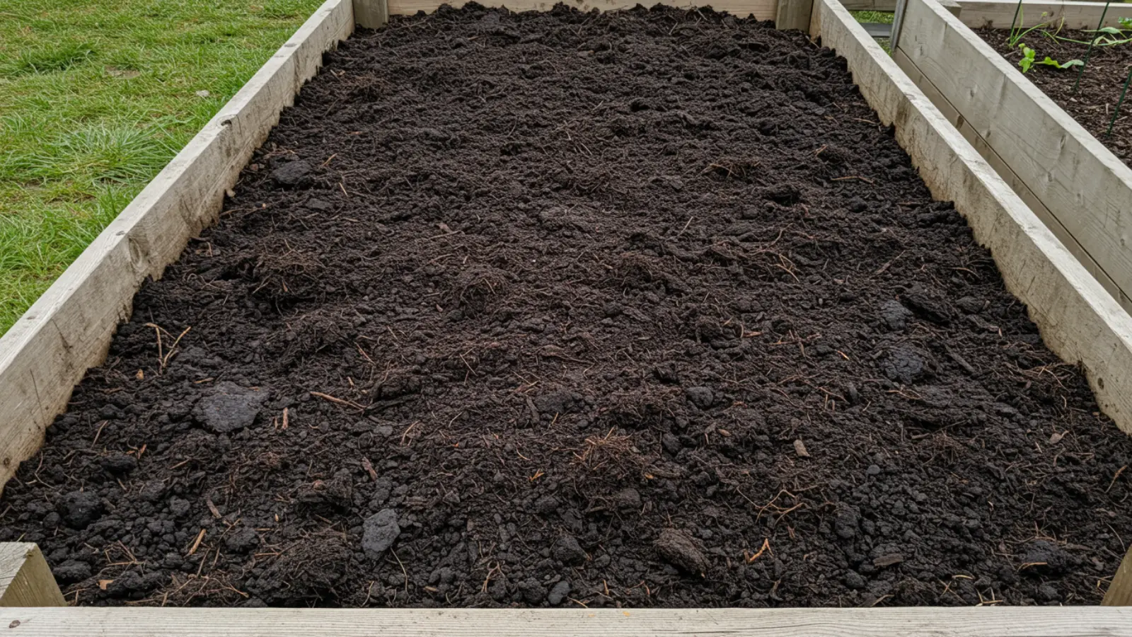 Dark compost and aged manure spread in even layer over filler material in raised garden bed