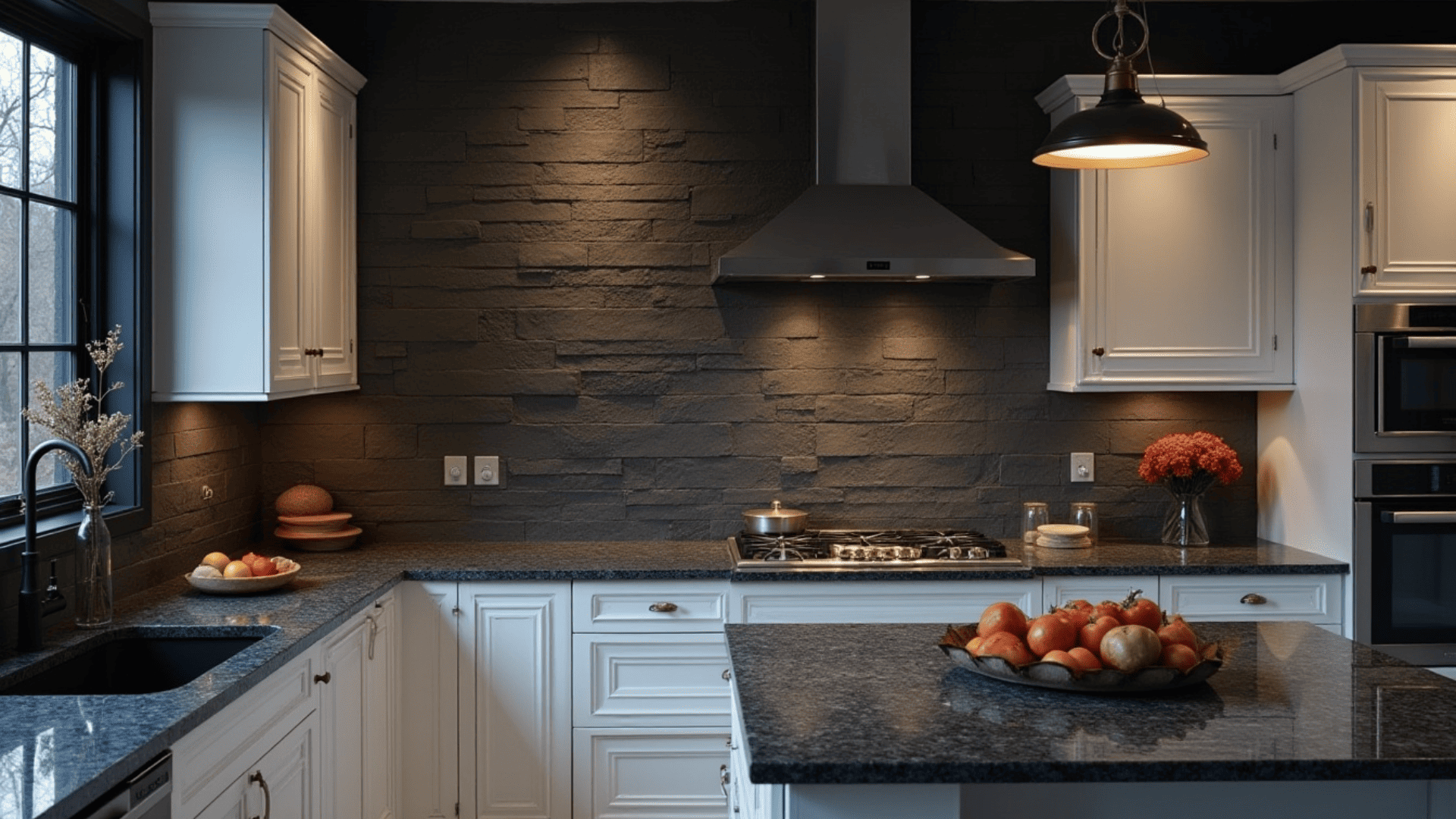 dark slate grey natural stone backsplash with rich cleft texture beside white cabinets and speckled granite