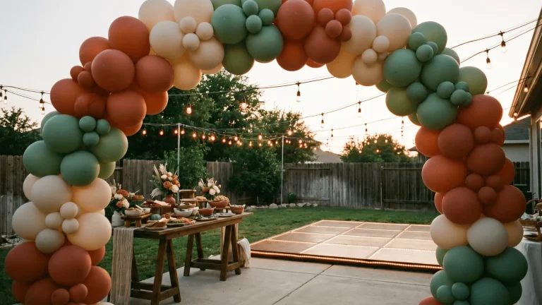 Decorated backyard graduation party setup with balloon arch, string light canopy, food table, and dance floor.