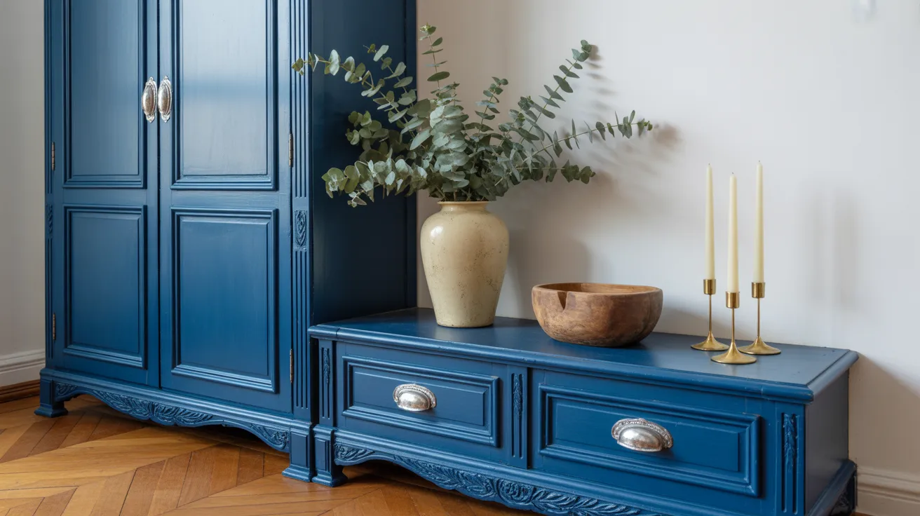 Deep blue painted wardrobe and low cabinet with silver hardware styled with eucalyptus and candles.