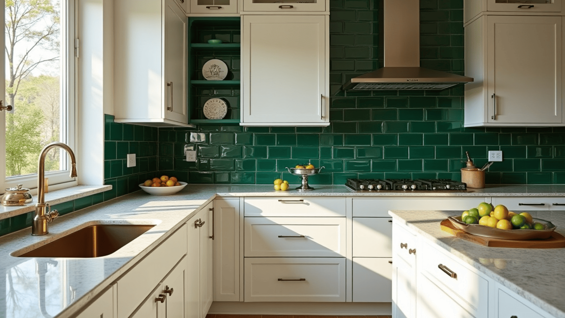 deep emerald green glossy tile backsplash creating jewel-toned contrast with white cabinets and gold granite