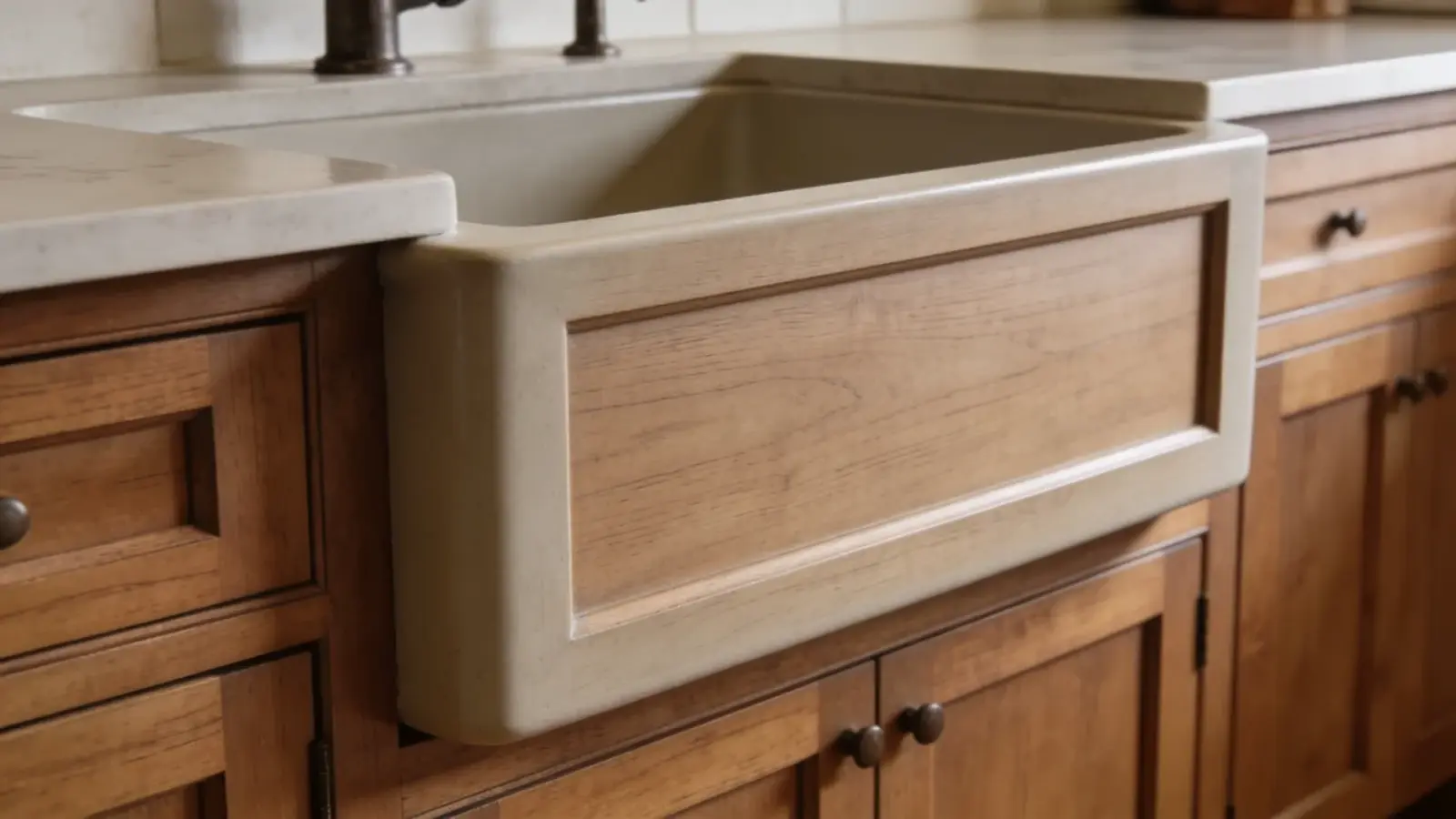 Deep farmhouse sink with apron front in wood cabinet setup