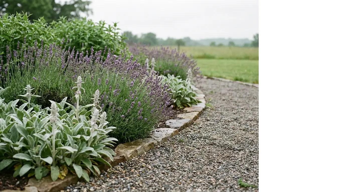 Lavender and foliage beside a gravel path in a lush garden setting