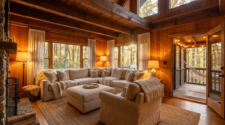 Cozy living room with cream sectional sofa, wooden walls, and large windows overlooking autumn forest