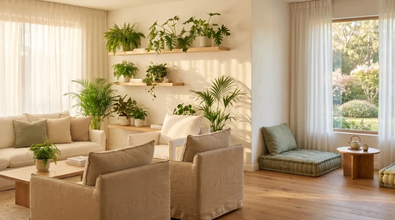 Cozy living room with beige sofas, green plants, wooden shelves, and soft natural lighting