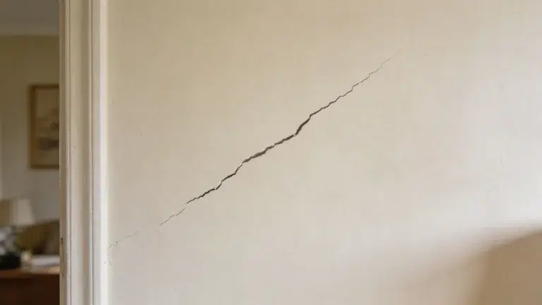Diagonal crack across a plain interior wall surface