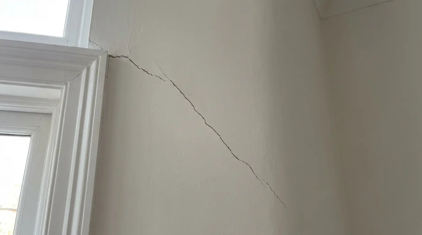 Diagonal crack starting near a window corner and moving across the wall