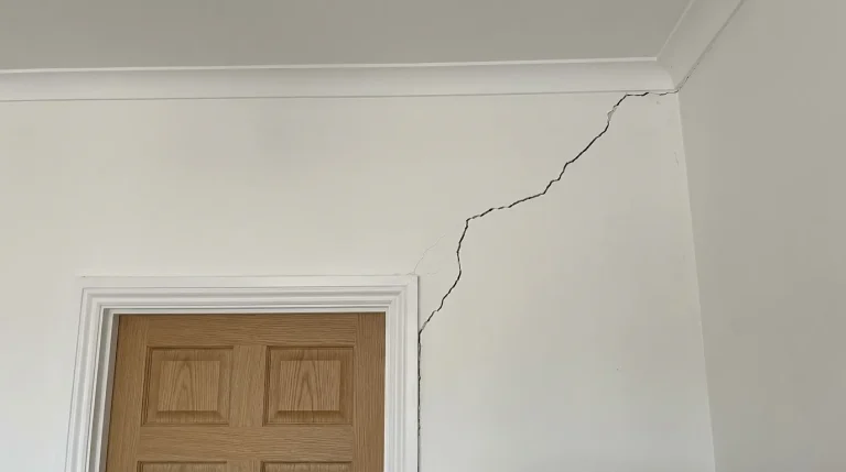 Diagonal settling crack running from a door frame up through the interior wall and ceiling junction.