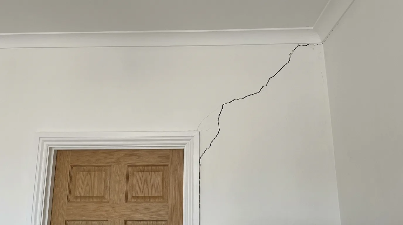 Diagonal settling crack running from a door frame up through the interior wall and ceiling junction.