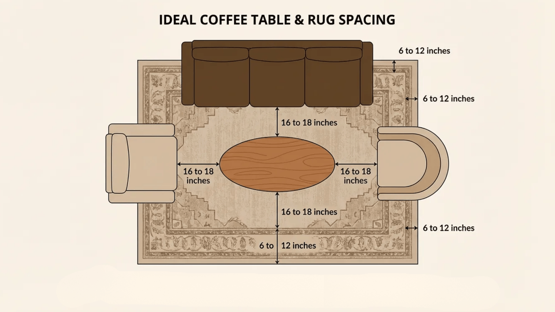 Diagram showing ideal coffee table and rug spacing with labeled distances between sofa, chairs, and table.