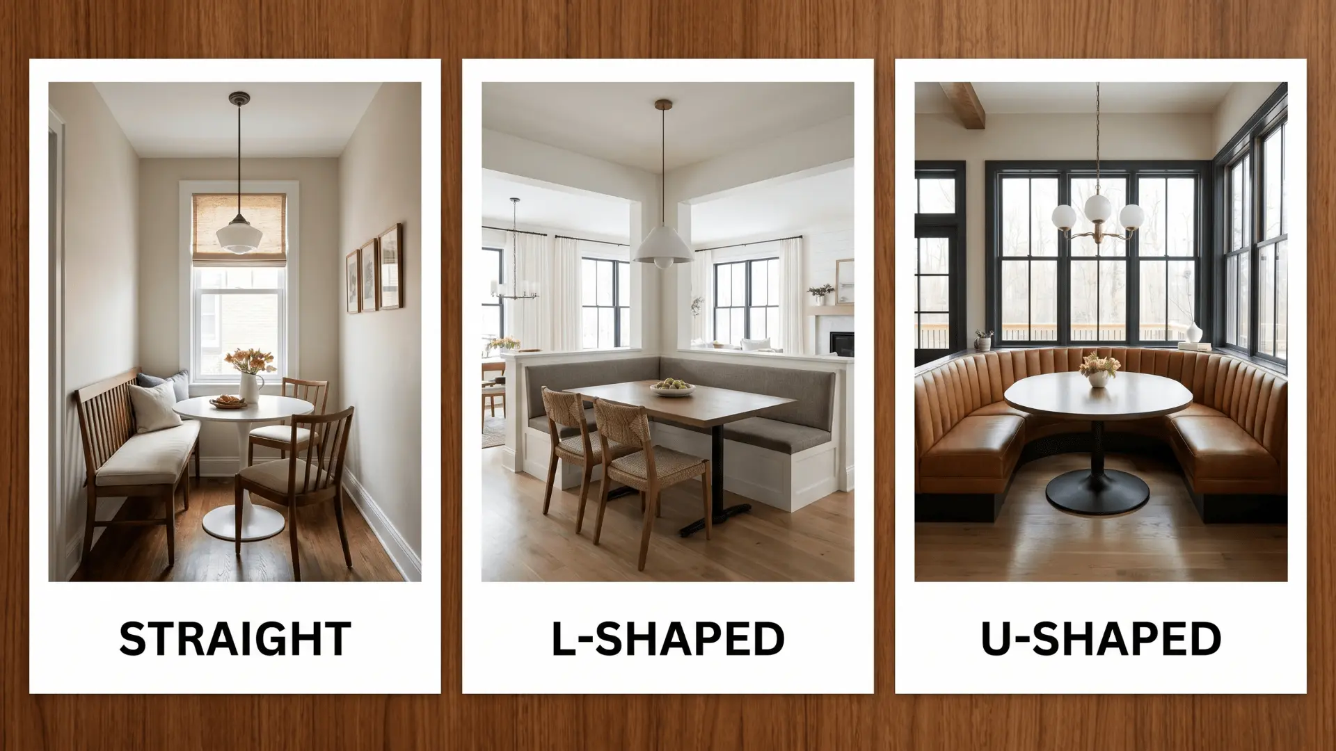 Different banquette seating shapes including straight, L-shaped, and U-shaped