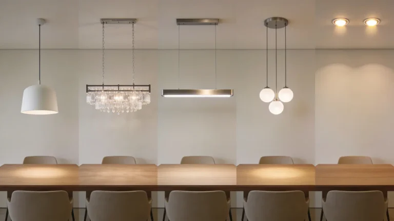 Different lighting types above dining tables including pendant, chandelier, linear, cluster, and recessed lights