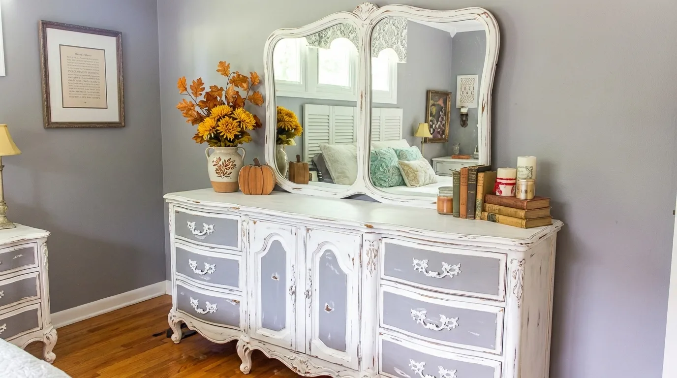 Distressed white painted side table with chippy edges styled with dried flowers and rustic decor.