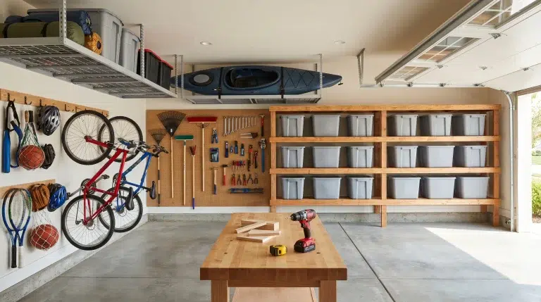 Organized garage space with bikes, tools on pegboard, shelves of storage bins, and workbench with tools