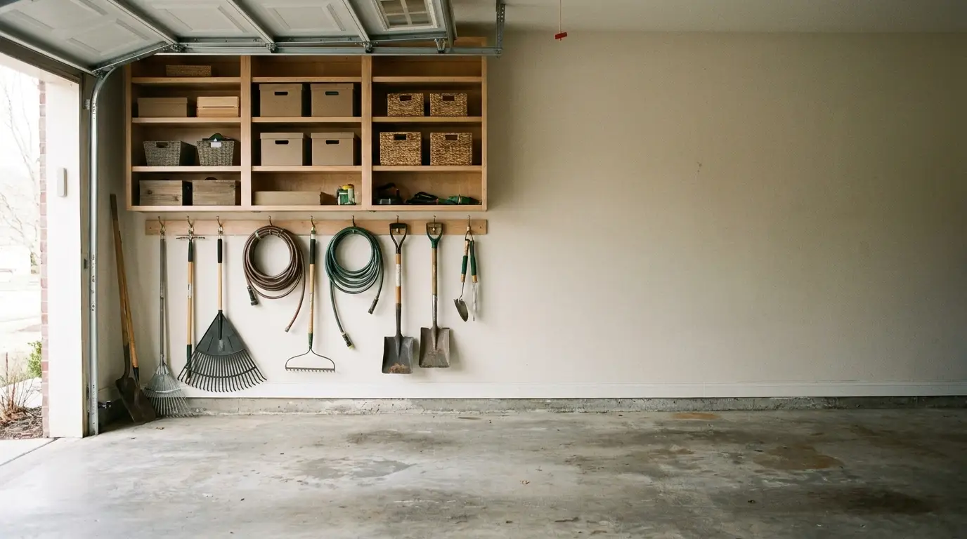 Neatly organized garden tools hanging on a garage wall with shelves and storage baskets