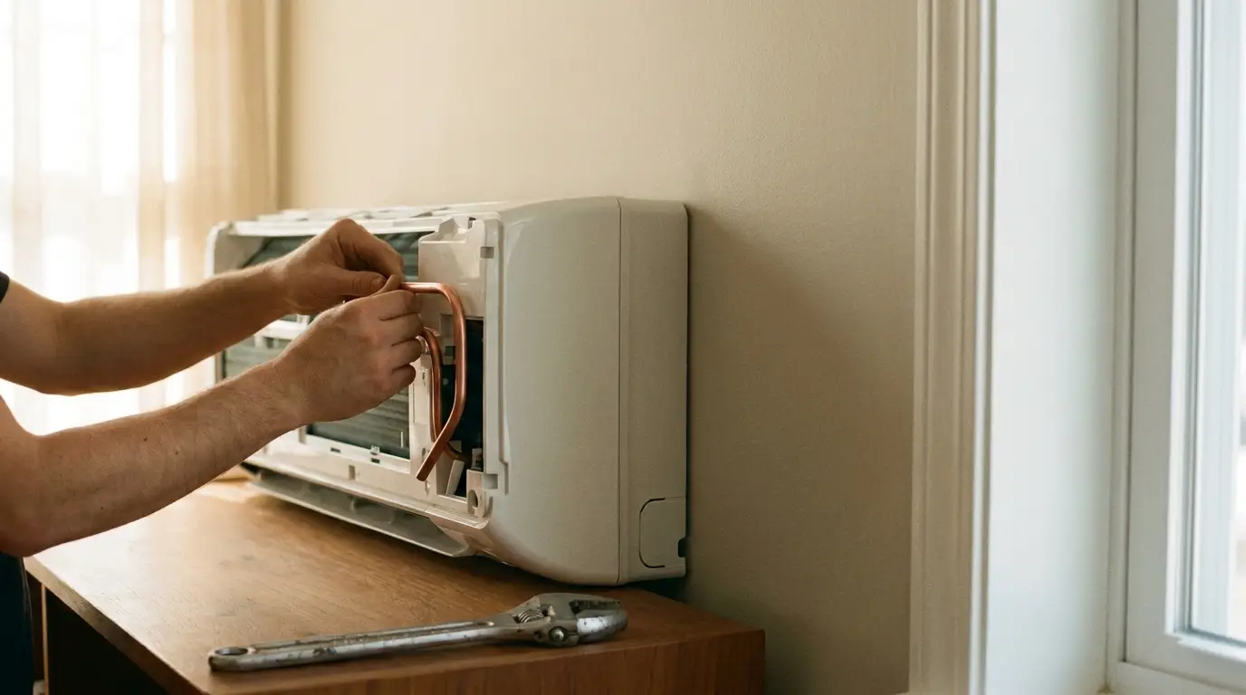 Person repairing wall-mounted air conditioner with copper tubing in a sunlit room
