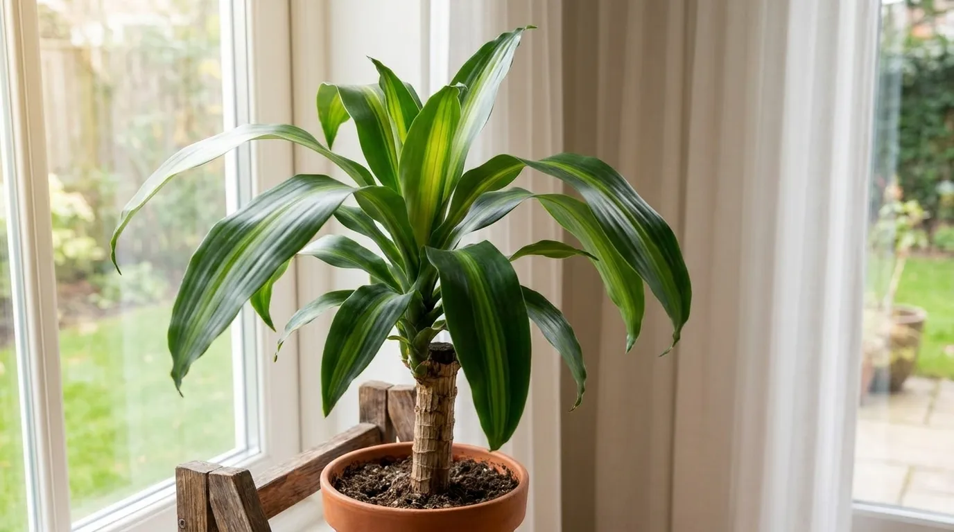 Dracaena fragrans corn plant with broad glossy leaves on a thick cane near a window