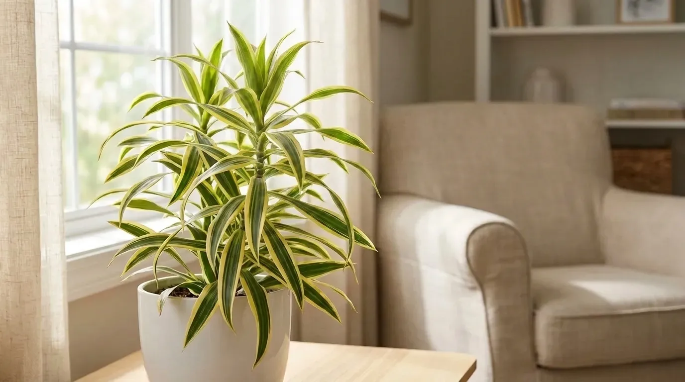 Dracaena reflexa song of india with narrow variegated yellow cream leaves near a window